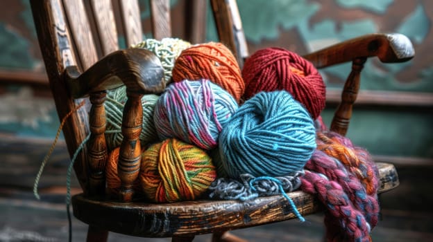 Yarn in a tangle on a rocking chair, creating a visually appealing display