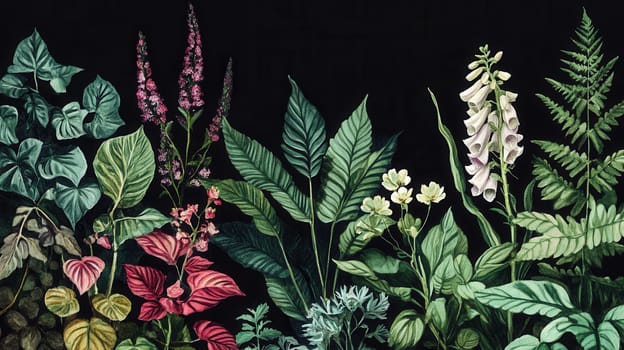 Detailed botanical watercolor illustration on dark