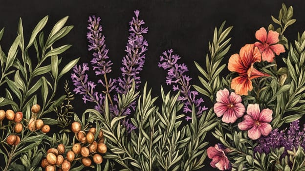 Detailed botanical watercolor illustration on dark