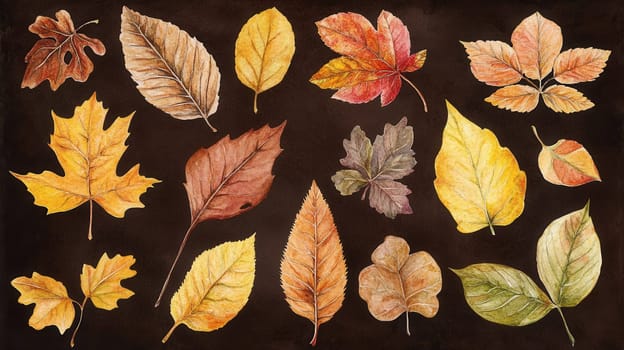 Detailed botanical watercolor showcasing various autumn leaves on dark brown