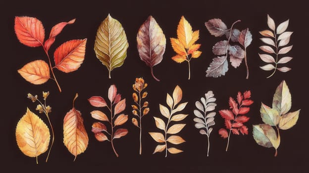 Detailed botanical watercolor showcasing various autumn leaves on dark brown