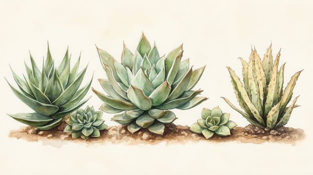 Detailed botanical watercolor showcasing succulents on beige