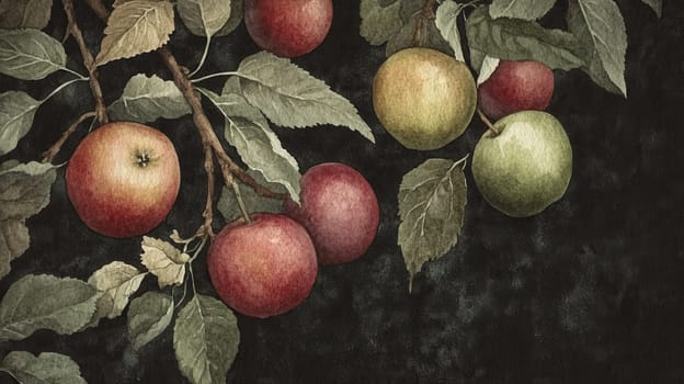 Detailed fruits watercolor illustration on dark