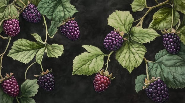 Detailed botanical drawing showcasing blackberry on dark background