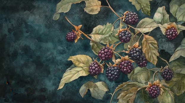 Detailed botanical drawing showcasing blackberry on dark background