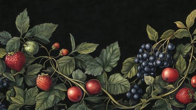 Detailed botanical drawing showcasing berries on dark background