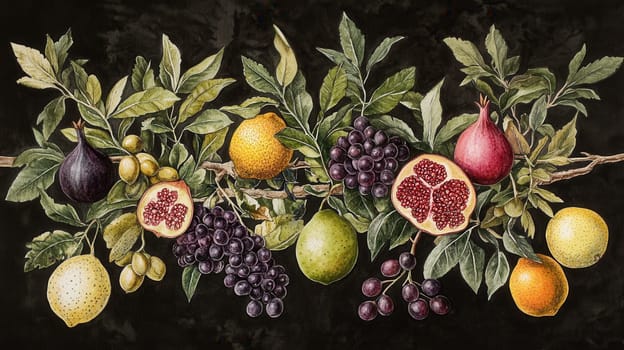 Detailed exotic fruits watercolor illustration on dark