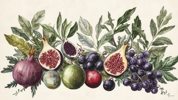Detailed exotic fruits watercolor illustration on light