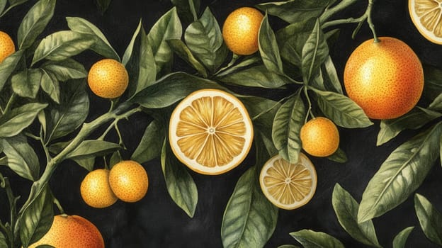 Detailed botanical drawing showcasing Lemon on dark
