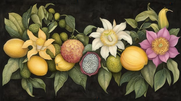 Detailed botanical drawing showcasing exotic fruits