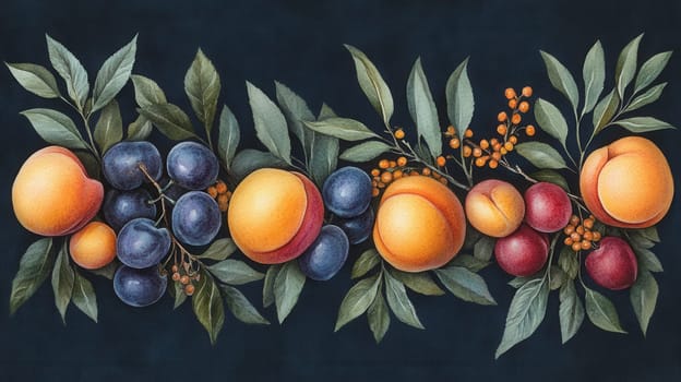Detailed botanical drawing showcasing different fruits on dark