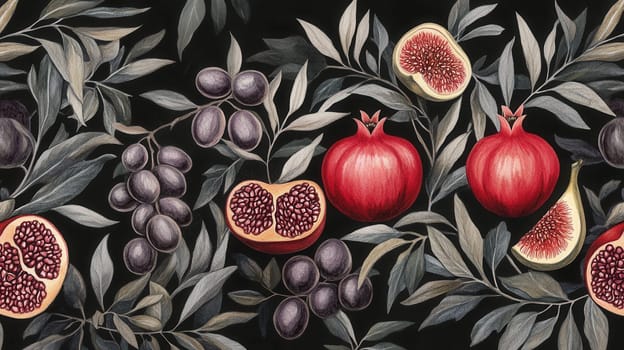Detailed exotic fruits watercolor illustration on dark