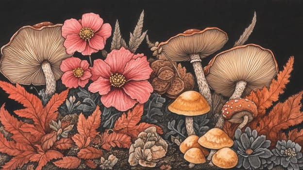 Detailed botanical illustration with plants and mushrooms on dark