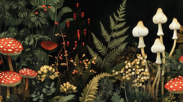 Detailed botanical illustration with plants and mushrooms on dark