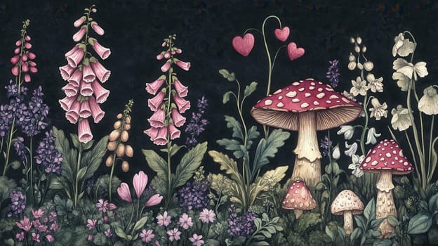Detailed botanical illustration with plants and mushrooms on dark