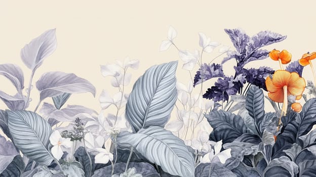 Detailed botanical illustration with plants and mushrooms on light