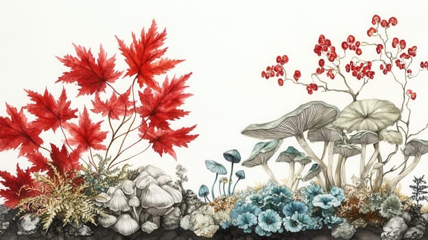 Detailed botanical illustration with plants and mushrooms on light