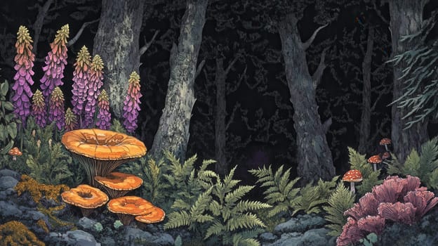Detailed botanical illustration with plants and mushrooms on dark