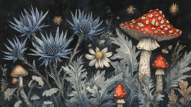 Detailed botanical illustration with plants and mushrooms on dark