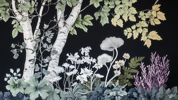 Detailed botanical illustration with plants and mushrooms on dark