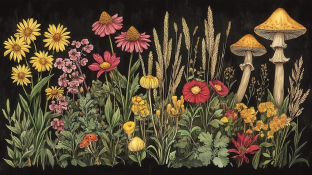 Detailed botanical illustration with plants and mushrooms on dark