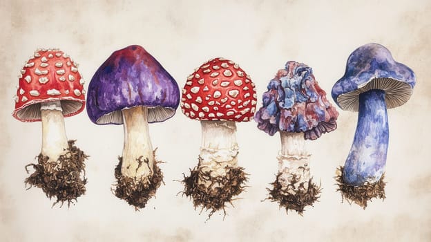 Detailed botanical drawing showcasing Amanita muscaria and and other mushrooms on light