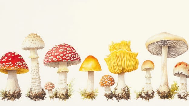 Detailed botanical drawing showcasing Amanita muscaria and and other mushrooms on light