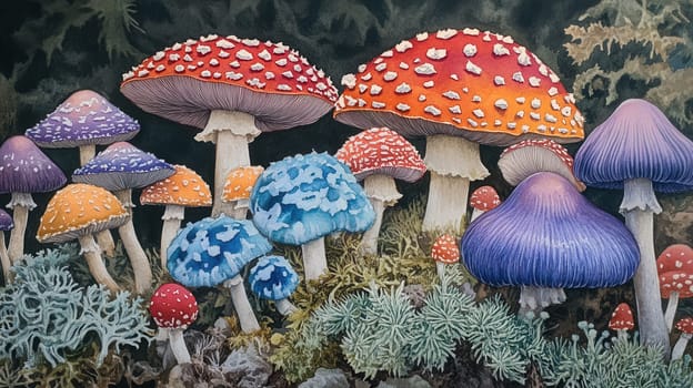 Detailed botanical drawing showcasing Amanita muscaria and and other mushrooms on dark