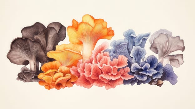 Detailed botanical drawing showcasing different mushrooms on light