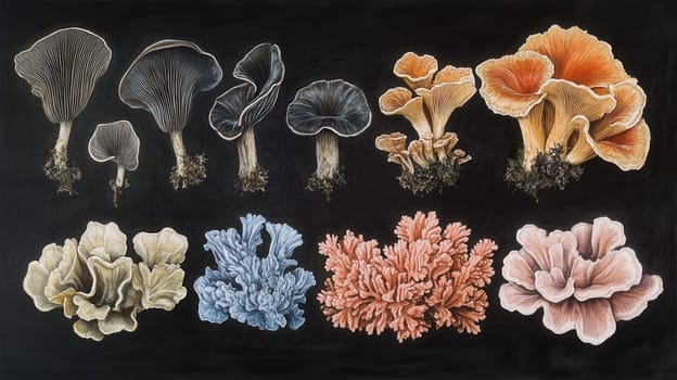 Detailed botanical drawing showcasing different mushrooms on dark