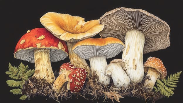 Detailed botanical drawing showcasing different mushrooms on dark