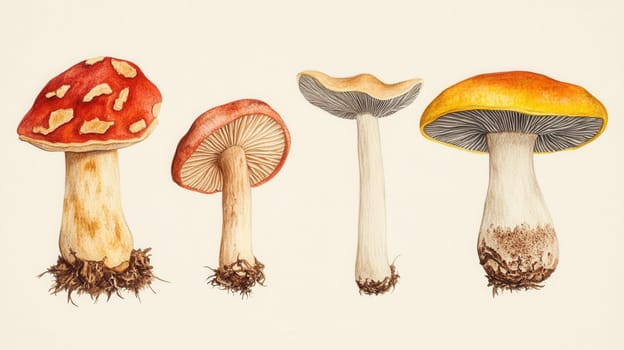 Detailed botanical drawing showcasing different mushrooms on light