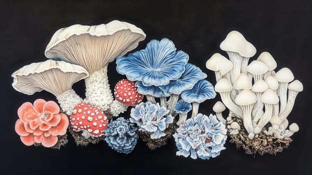 Detailed botanical drawing showcasing different mushrooms on dark