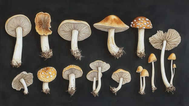 Detailed botanical drawing showcasing different mushrooms on dark