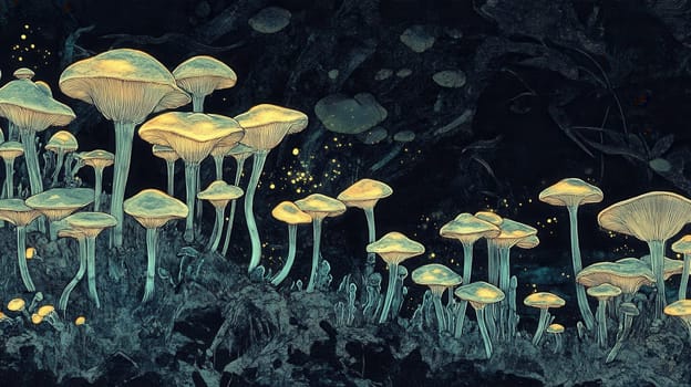 Detailed botanical drawing showcasing different bioluminescent mushrooms on dark