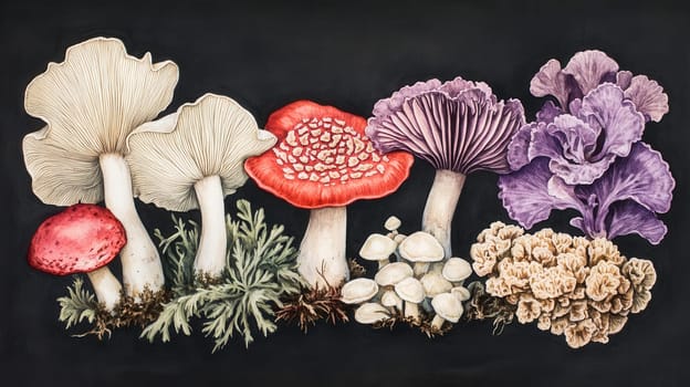 Detailed botanical drawing showcasing Amanita muscaria and and other mushrooms on dark
