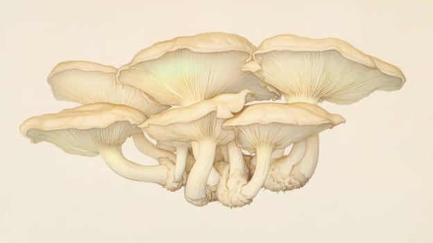 Detailed botanical drawing showcasing mushrooms on light