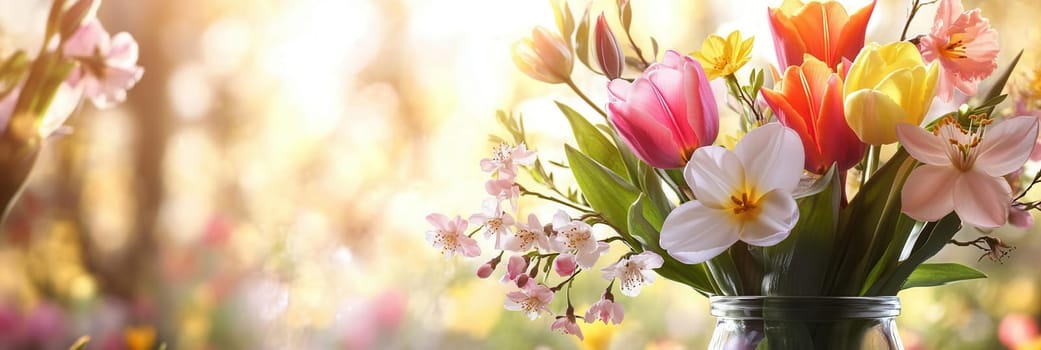 This arrangement showcases colorful tulips, daffodils, and cherry blossoms in a glass vase, celebrating the beauty of spring.