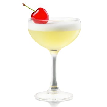 Sour glass petite and stemmed filled with a frothy pale yellow cocktail garnished with a. Drink isolated on transparent background