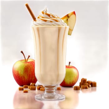Caramel Apple Cheesecake Milkshake apple compote caramel cheesecake bites fall favorite Summer drink concept Final. close-up milkshake drink, isolated on transparent background