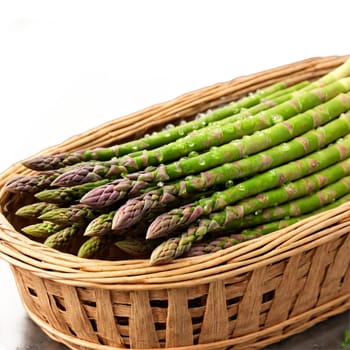 Asparagus asparagus officinalis green spears and tips floating around weathered wicker basket water droplets Food. Food isolated on transparent background.