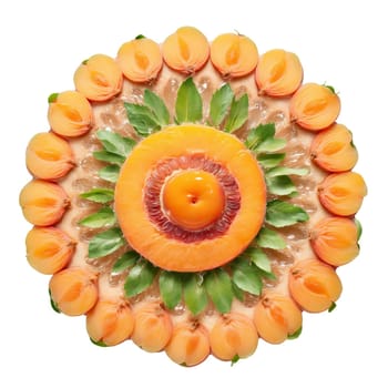 Apricot mandala a fuzzy circular pattern of apricots with leaves tossing and steam rising. Food isolated on transparent background.