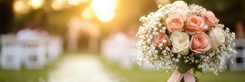 A beautiful bridal bouquet featuring pastel roses and delicate lilies rests elegantly as the sun sets over the outdoor ceremony.