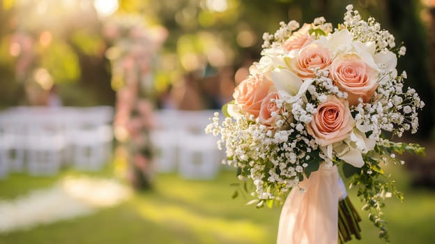 A beautiful bridal bouquet featuring delicate roses and lilies is prominently displayed during a serene outdoor wedding ceremony.