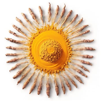 Turmeric mandala a vibrant mandala of turmeric powder with steam rising and roots twirling. Food isolated on transparent background.