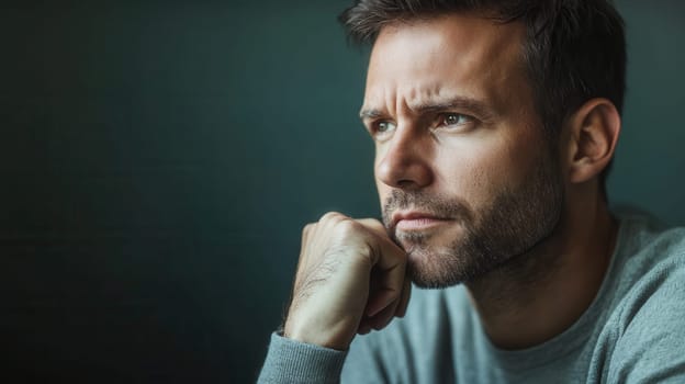 A man rests his chin on his hand, lost in serious thought, surrounded by a dimly lit backdrop that enhances his contemplative mood.