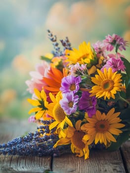 A colorful arrangement of wildflowers brings joy with bright sunflowers, delicate lavender, and cheerful daisies under natural sunlight.