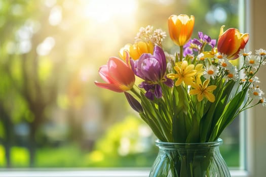 A clear glass jar holds colorful tulips, irises, and daisies, glowing in bright sunlight that filters through a nearby window.