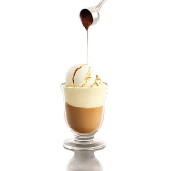 Affogato vanilla gelato scoop espresso stream pouring cocoa powder dusting isolated on transparent Food and. Food isolated on transparent background.