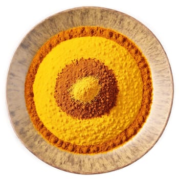 Curry powder mandala a vibrant mandala of curry powder with steam swirling and turmeric dust. Food isolated on transparent background.